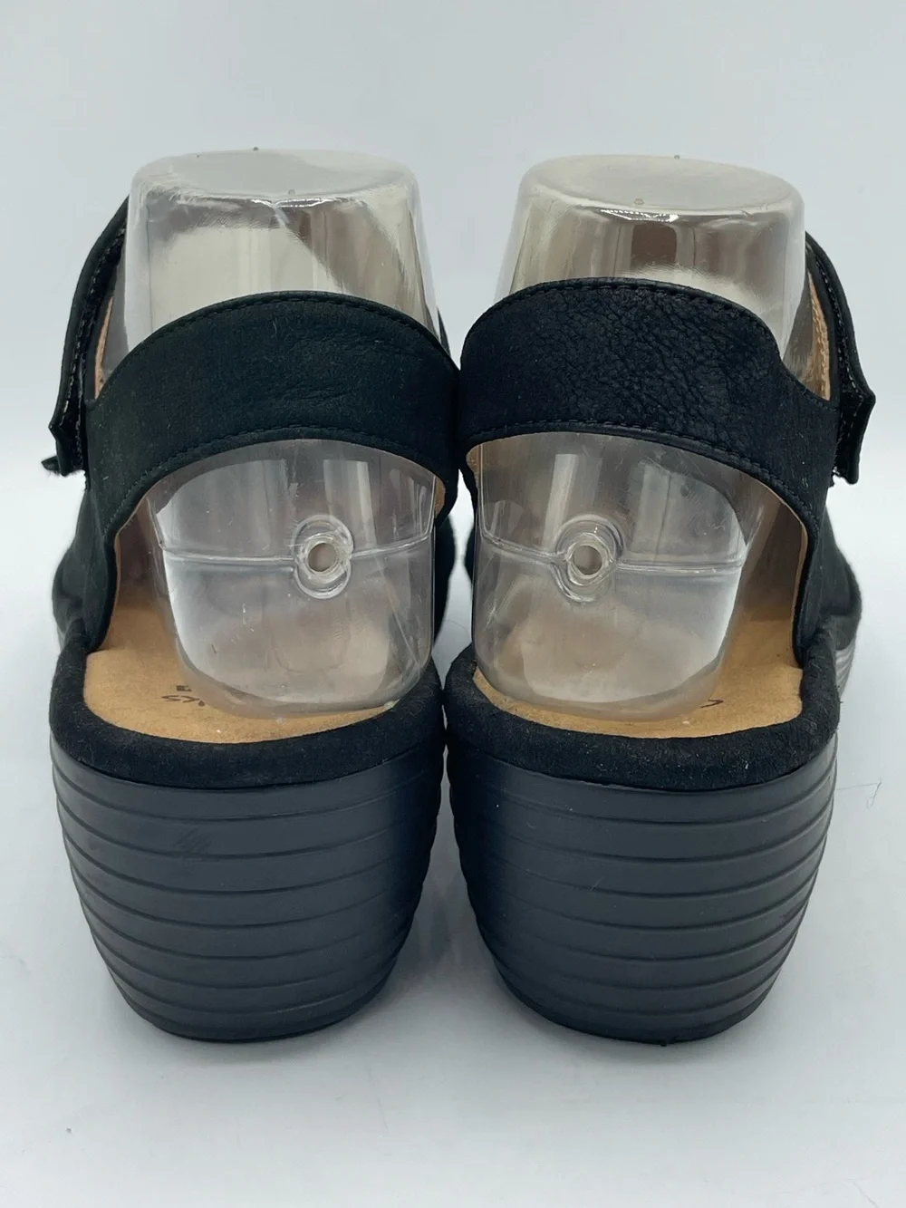 Clarks Black Three-Strap Wedge Sandals